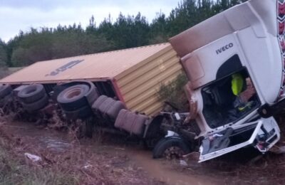 Un camión despistó sobre la Ruta Nacional 14 en Misiones tras intentar esquivar un supuesto animal