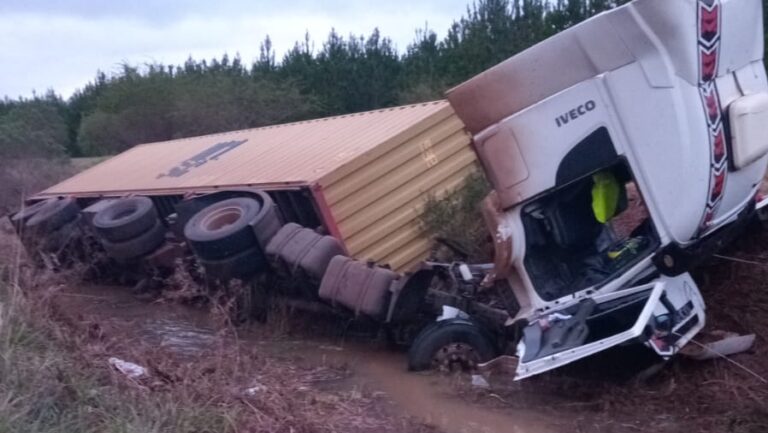 Un camión despistó sobre la Ruta Nacional 14 en Misiones tras intentar esquivar un supuesto animal